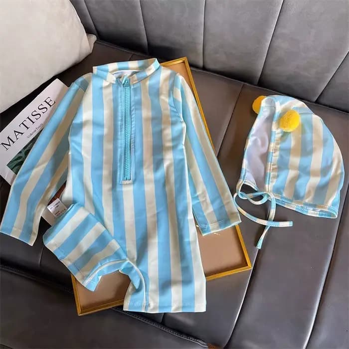 Combinaison de bain rayée avec bonnet pour bébé fille, 2 pièces, protection UV, vêtements de natation pour enfant de 1 à 7 ans