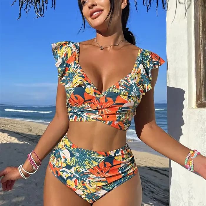 Cikini été maillot de bain pour femmes imprimé Tropical à volants garniture été plage Bikini ensemble été maillot de plage maillot de bain maillot de bain