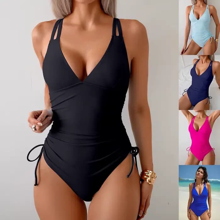 Maillot de bain une pièce noir uni à col en V