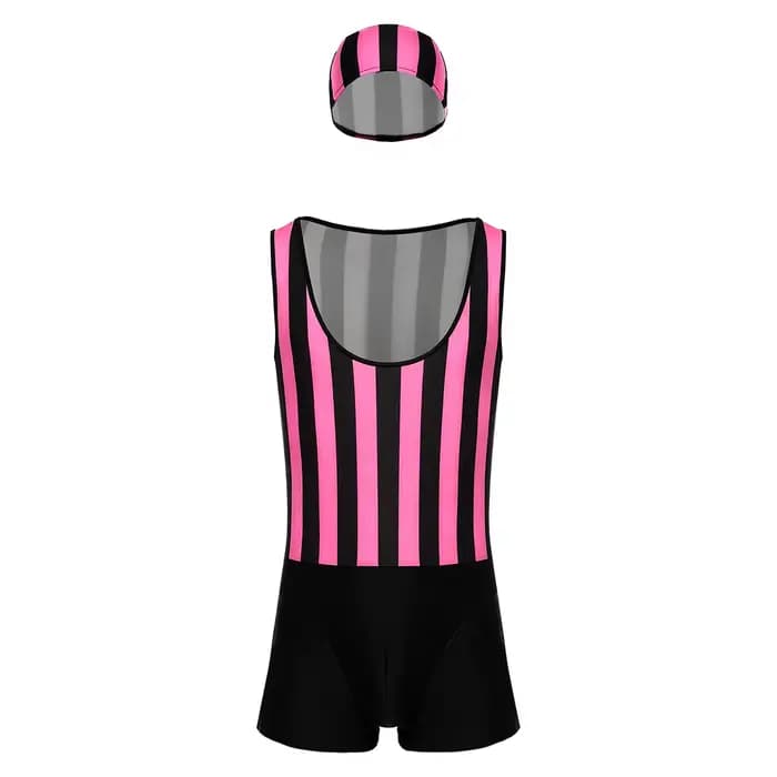 Maillot de bain une pièce pour hommes, avec bonnet de bain, séchage rapide, col bas, sans manches, rayé, pour la plage et la natation
