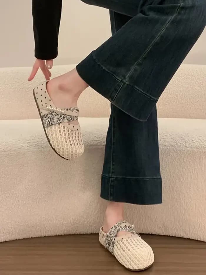 Mules Mary Jane en maille respirante pour femmes, sandales à pois français avec perles, confortables pour pieds larges, semelle souple, pantoufles à bout fermé