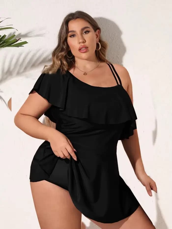 Maillot de bain deux pièces pour femmes, tankini noir, grande taille, grand bikini, une initiée à volants, vêtements de plage d'été