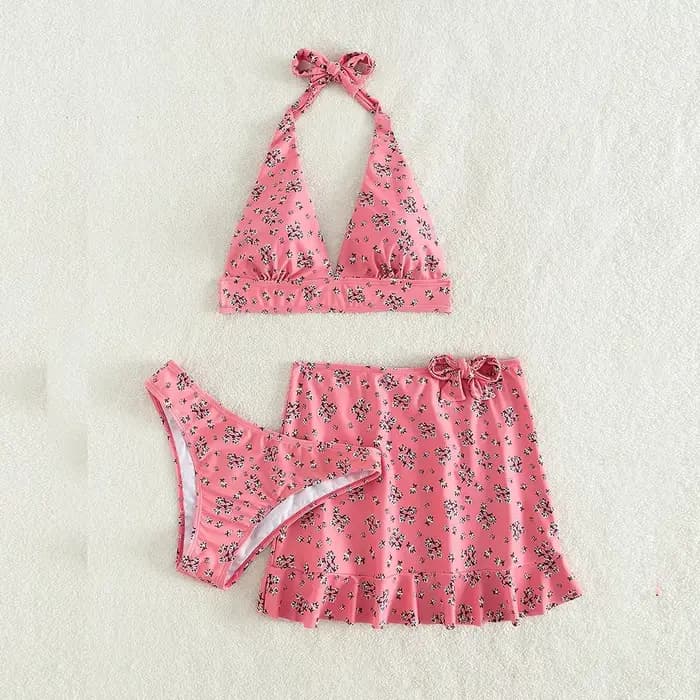 Ensemble de bikini dos nu coupe basse avec jupe à volants pour femmes, maillots de bain sexy, maillots de bain bandage licou, monokini, 3 pièces