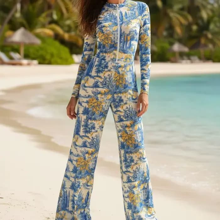 Maillot de bain une pièce pour femme 2026 Nouveauté Manches longues Fermeture éclair Imprimé Conservateur Sexy Vacances à la plage Ensemble multi-pièces Séchage rapide
