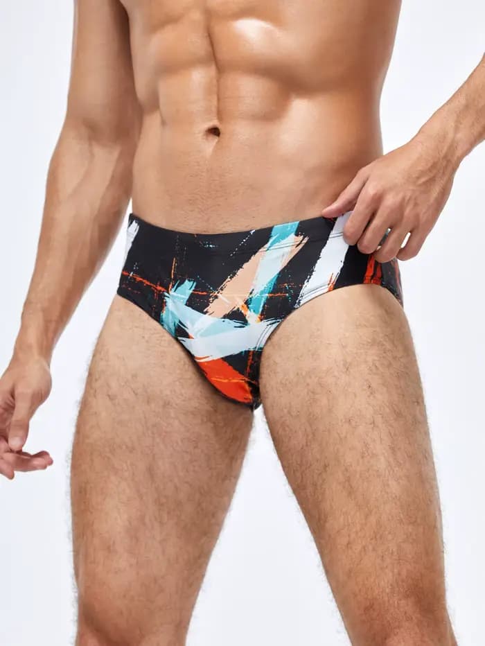 Short de bain sportif pour hommes, coupe triangle, imprimé à motifs géométriques, séchage rapide, adapté aux piscines et aux plages