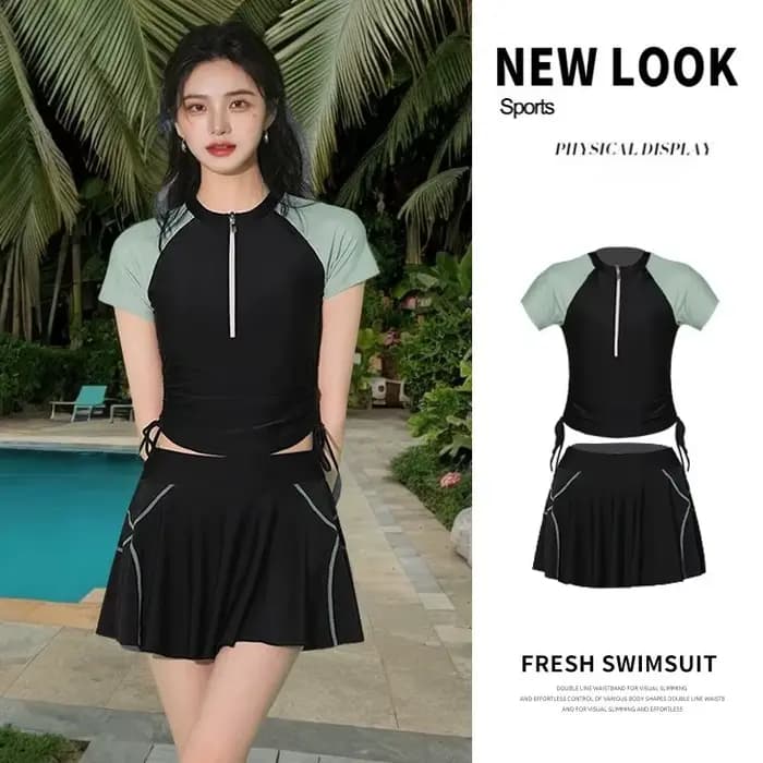Ensemble de maillot de bain athlétique deux pièces avec haut à manches courtes à demi-zip et jupe froncée à nouer sur