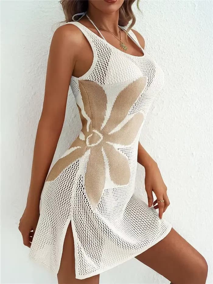 Robe de plage pour femme, col rond, sans manches, motif floral, crochet ajouré, pour l'été et les vacances