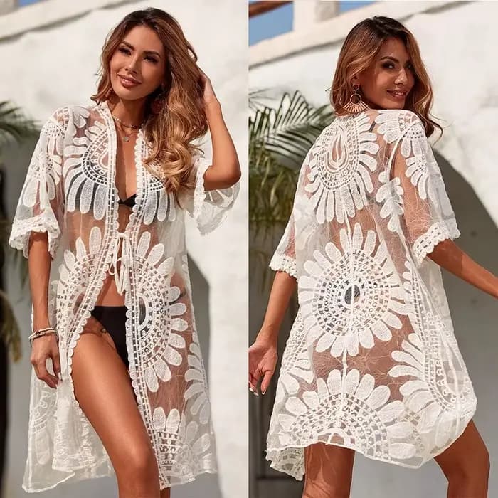 Nouvelle Robe de Plage Anti-UV Col V Tournesol pour Femme, Cache-maillot Brodé en Dentelle Printemps-Été