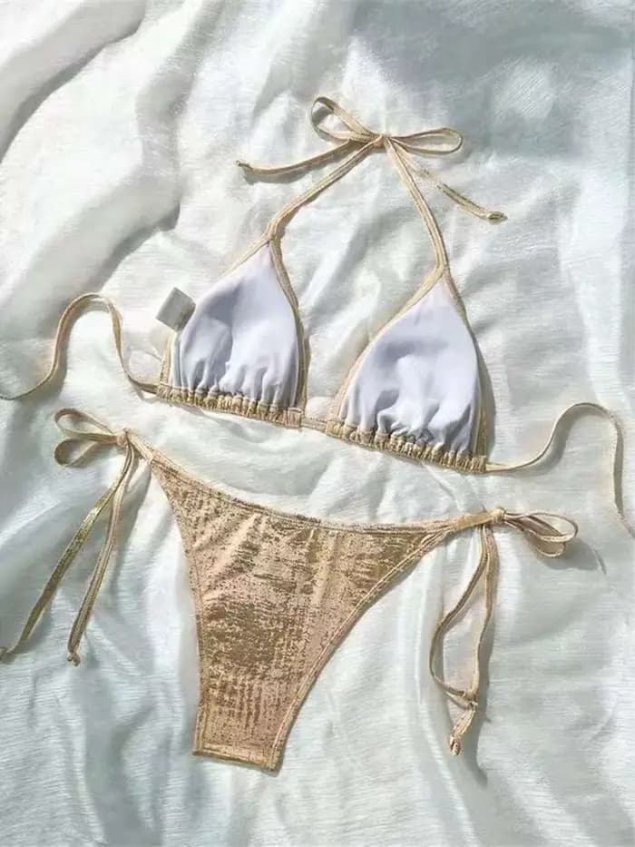 Maillot de bain bikini scintillant à paillettes pour femme, ensemble deux pièces à coupe haute M124