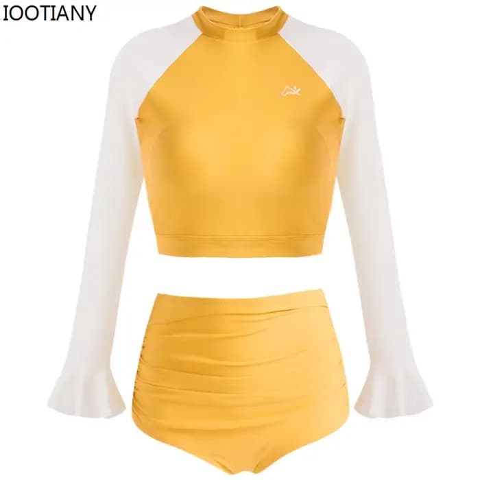 Maillot de bain conservateur à manches longues pour femmes, maillot de bain de sport, col montant, fendu, angle carré, printemps, été, chaud