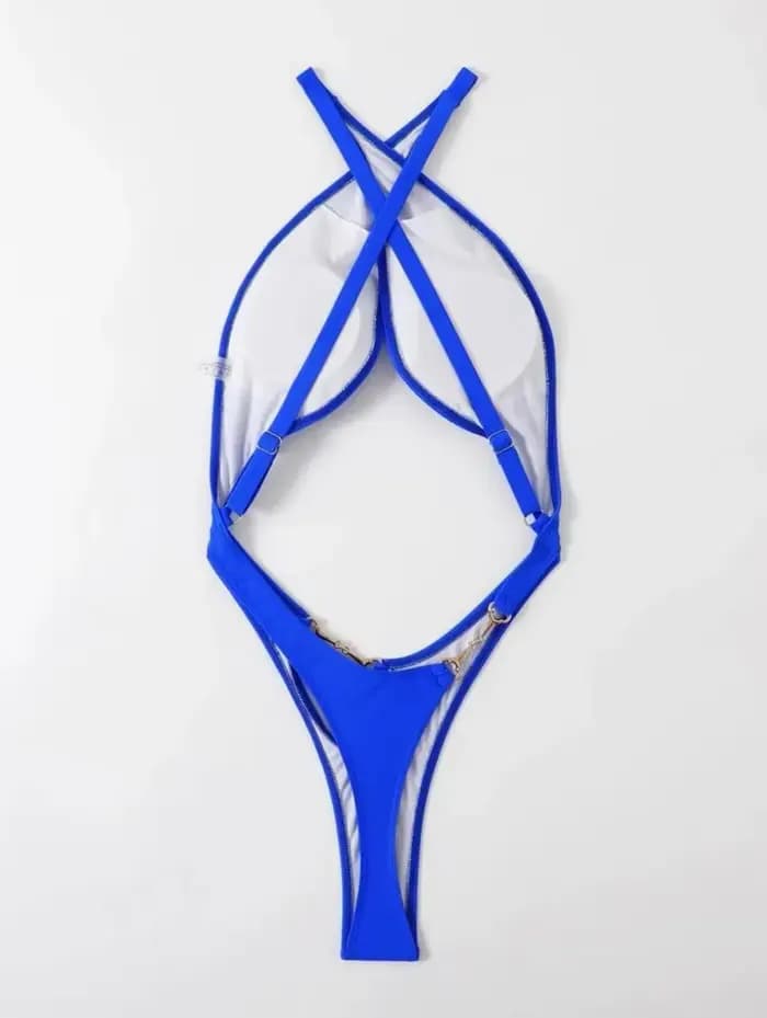 Maillot de bain une pièce sexy bleu et noir 2026 pour femme, dos nu, micro bikini, avec découpes, push-up et bretelles croisées