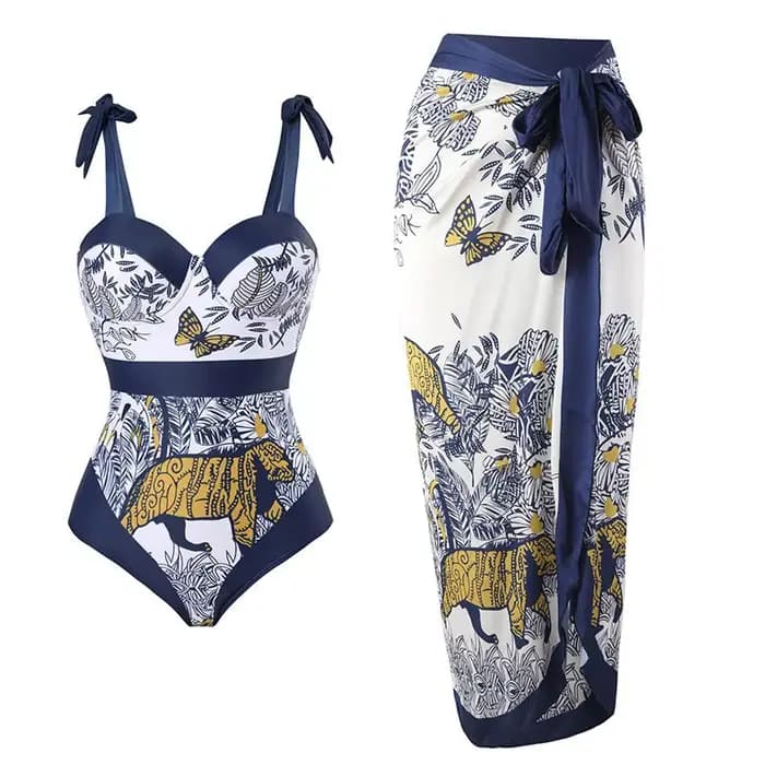 Ensemble de maillot de bain deux pièces conservateur, imprimé, sans manches, avec bas de bikini séparé, en tissu polyester, pour la natation et les activités aquatiques