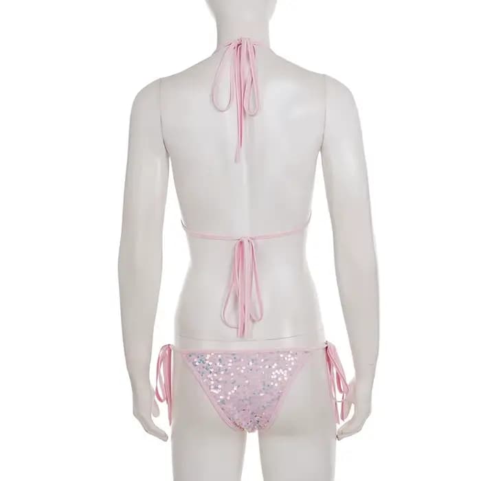 Ensemble de bikini sexy en dentelle rose à lacets pour les vacances à la plage