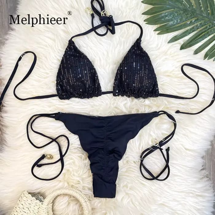 Melphieer Lady's Sparkle 2 pièces Bikini ensemble été Style paillettes Bikinis femmes 2025 plage piscine Club maillot de bain nouvelles tenues de vacances