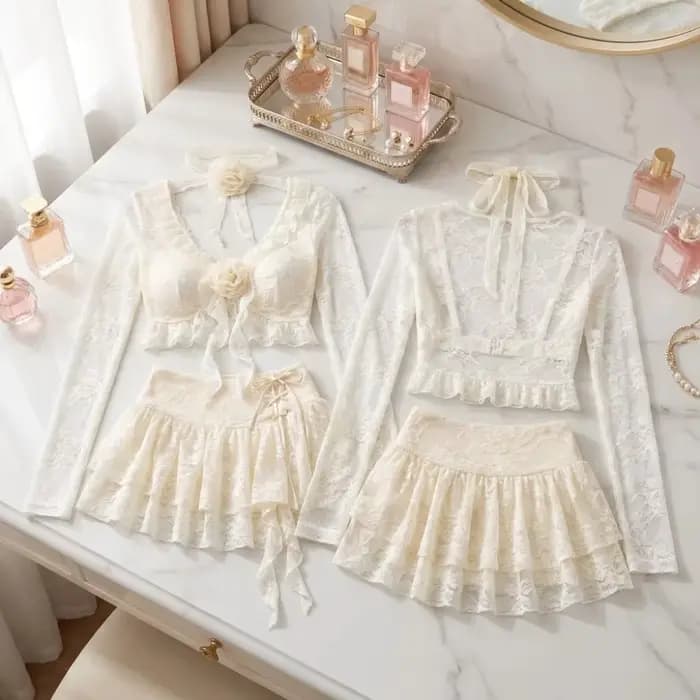 Maillot de bain quatre pièces à volants en dentelle à manches longues