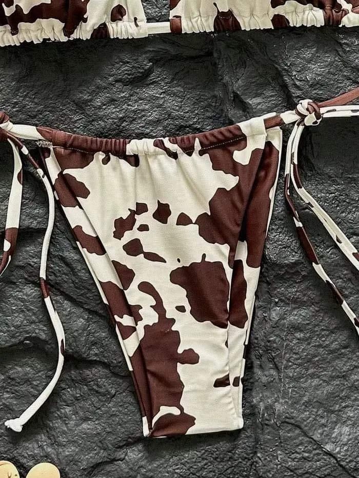 Ensemble Bikini Femme 2026 Été Marron Blanc Imprimé Vache Halter Triangle Liens Latéraux String Maillot de Bain Sexy pour Vacances à la Plage S