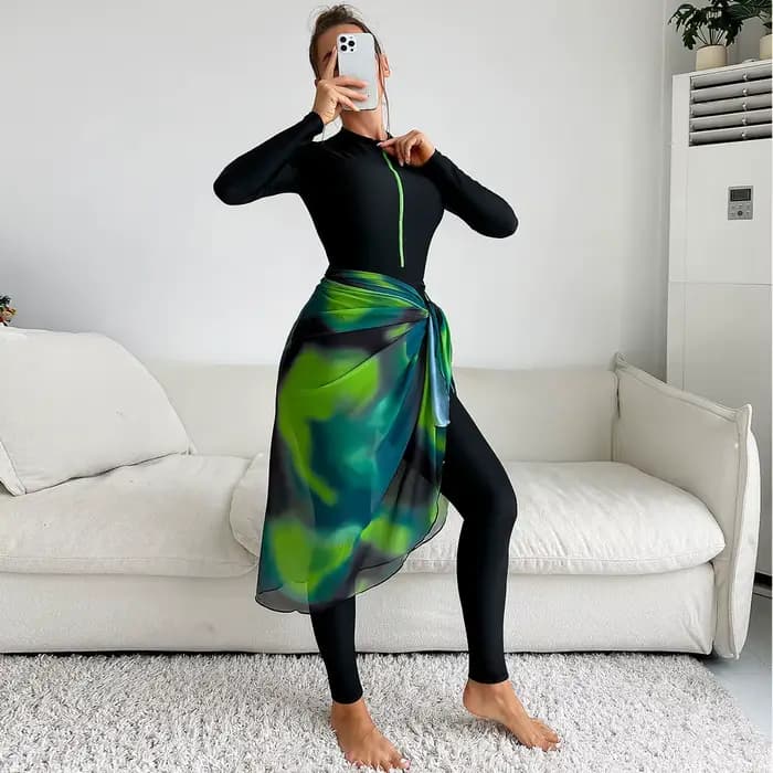 Maillot de Bain Burkini à Manches sulfpour Femme Musulmane, Haut Modeste avec Gaze Verte éventuelles F 50 +, Ensemble à la Mode, 3 Pièces