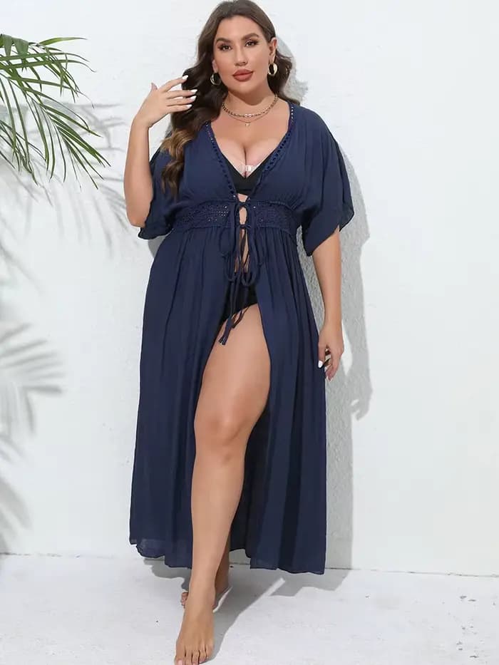 GIBSIE-Couverture de maillot de bain grande taille pour femme, kimono frontal solide, vêtements de plage, protection solaire, tunique longue, couvertures de bikini