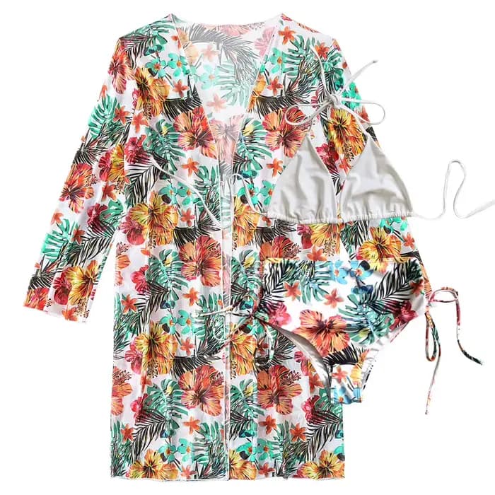 Maillot de bain à imprimé floral pour femmes, bikini dos nu, taille haute, sexy, rembourré, noir, blanc, orange, 3 pièces