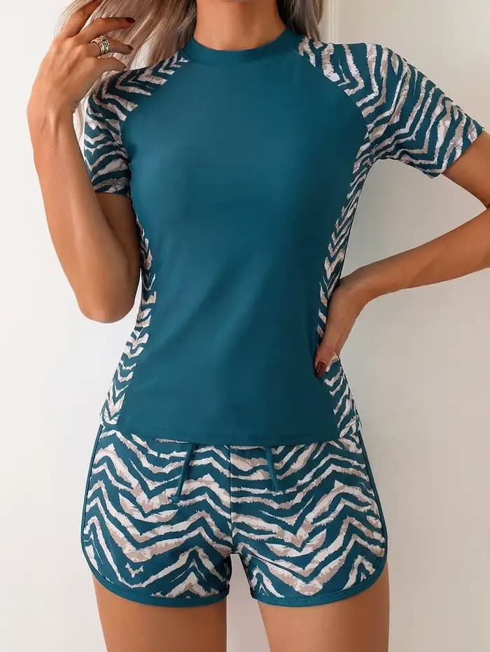 Nouveau Maillot de Bain Sportif Femme 2026 – Tankini à Manches Courtes et Short Boxer avec Cordon de Serrage – Tenue de Plage Tendance pour l'Été