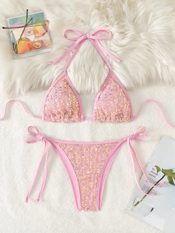 Brillant paillettes noir Bikini ensemble femmes Sexy Push Up soutien-gorge cravate côté Triangle maillot de bain 2025