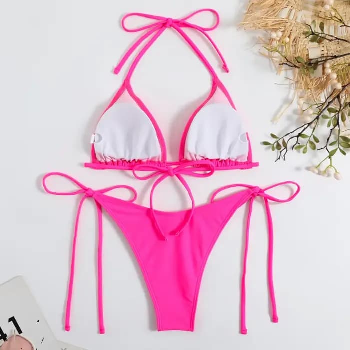 Sexy femmes string couleur unie Bikini ensemble côté licou cravate maillot de bain dames sangle fendue réglable