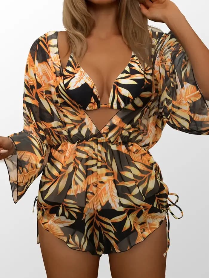 3 pièces Tankini imprimé Tropical maillot de bain licou cordon maillots