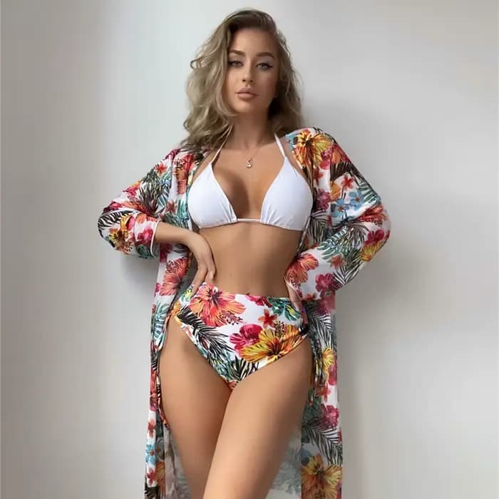 Maillot de bain à imprimé floral pour femmes, bikini dos nu, taille haute, sexy, rembourré, noir, blanc, orange, 3 pièces