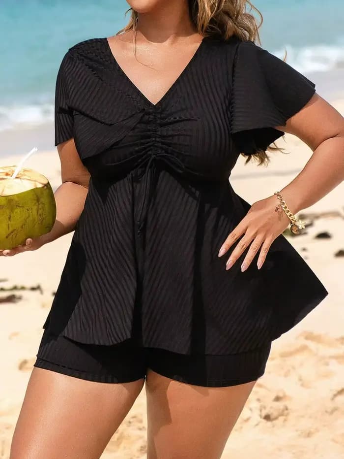 Maillot de bain deux pièces femme grande taille 2025 noir solide Tankini ensemble