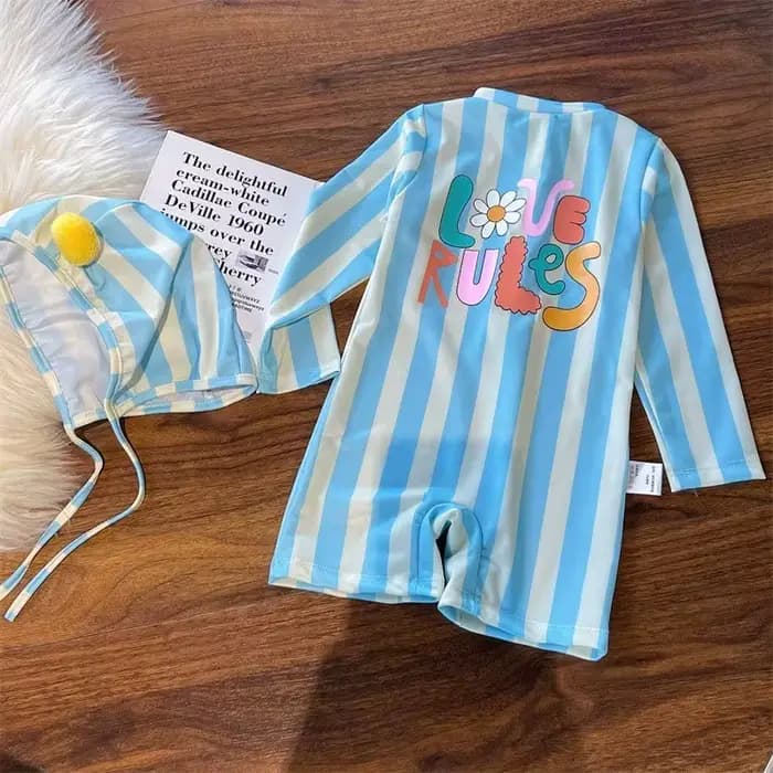 Combinaison de bain rayée avec bonnet pour bébé fille, 2 pièces, protection UV, vêtements de natation pour enfant de 1 à 7 ans