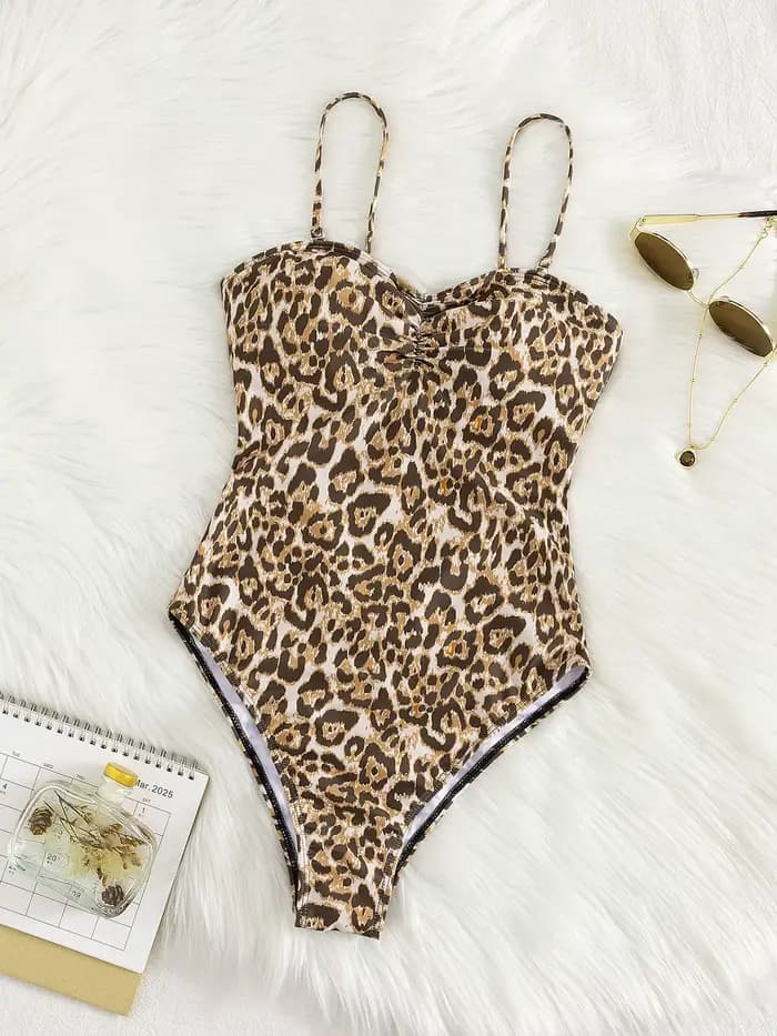 Maillot de bain sexy imprimé léopard sans bretelles style 2026, maillot de bain sans manches, dos nu, monokini, tenue de plage pour femme