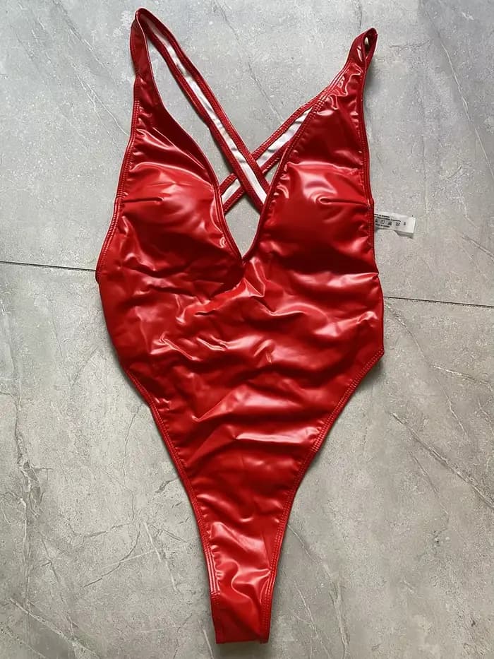 Cuir PU col en V extrême Mini String femmes maillots de bain une pièce maillot de bain femme Monokini croix dos nu maillot de bain bain