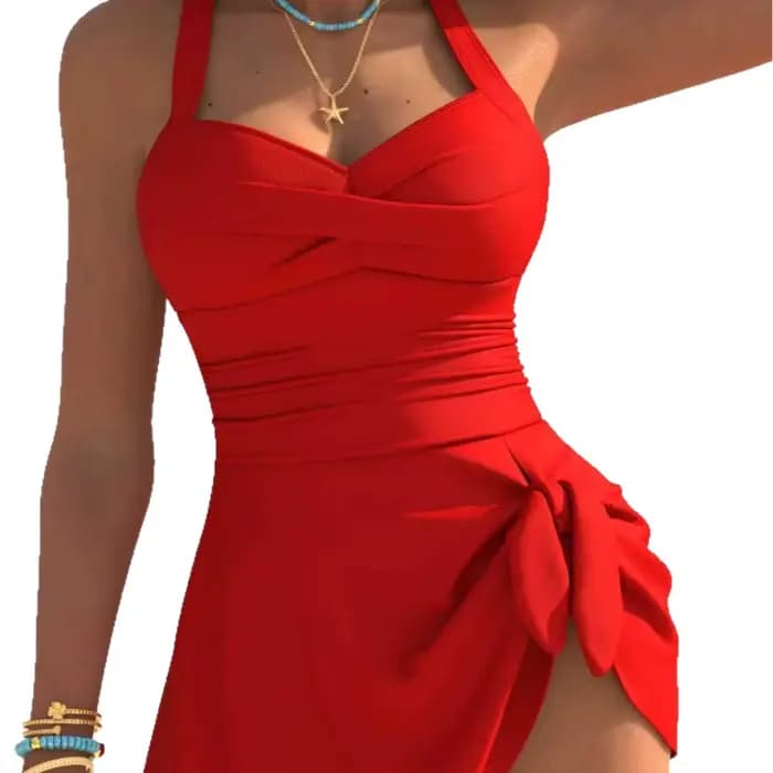 Nouveau Maillot de Bain Une Pièce Rouge 2026 pour Femme, Amincissant, Dos Nu, Idéal pour les Vacances et les Sources Chaudes, en Tissu Polyester