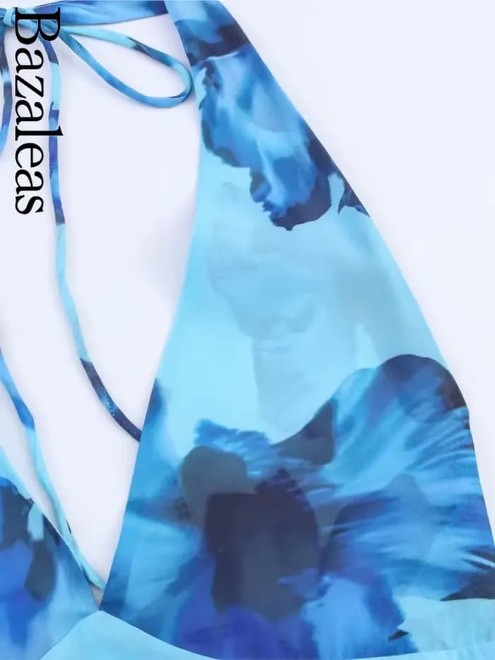 Bazaleas 2025 vacances dos nu femmes robe Sexy col en V profond bleu imprimé fleuri
