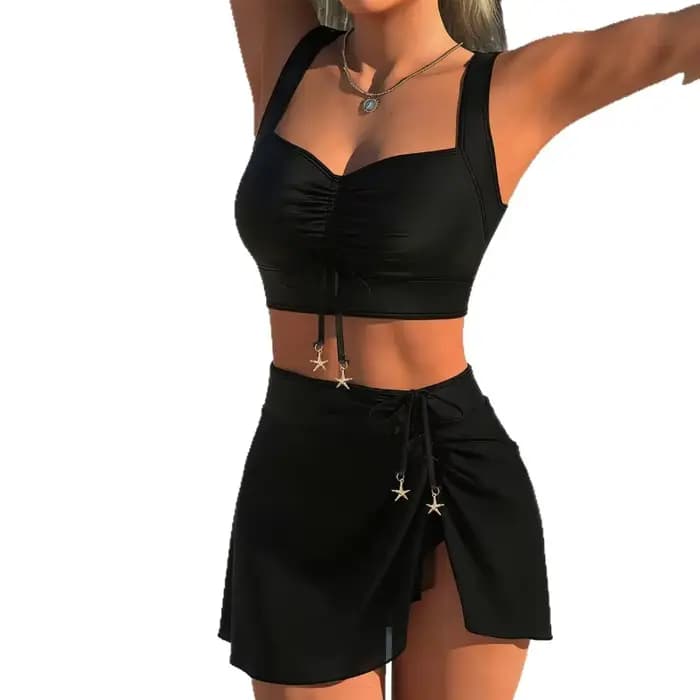 Ensemble bikini deux pièces froncé avec cordon de serrage et motif étoile de mer noire élégante pour femme