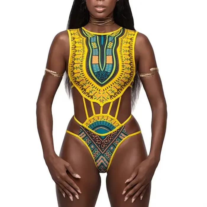 Maillot de bain une pièce à imprimé africain pour femmes, monokini, trikini, baigneur, baigneur, sexy, taille haute, S-média