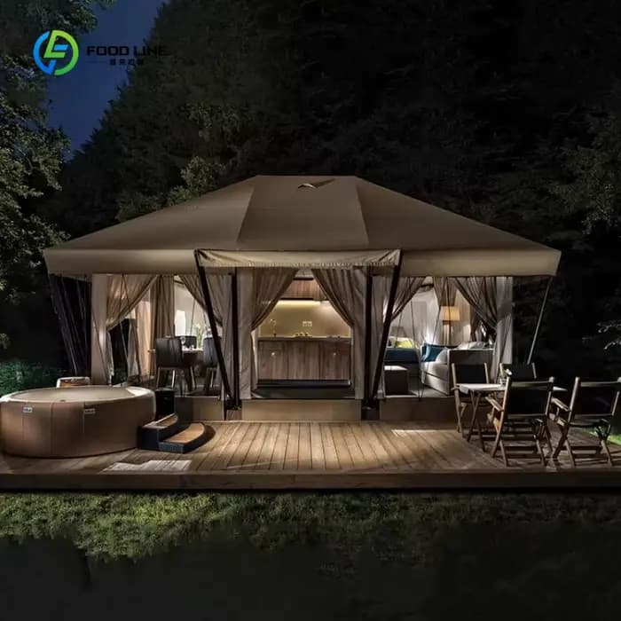Tentes de camping personnalisées 6x8m, imperméables, pour resort, glamping, safari, lodge de luxe, hôtel, avec salle de bain