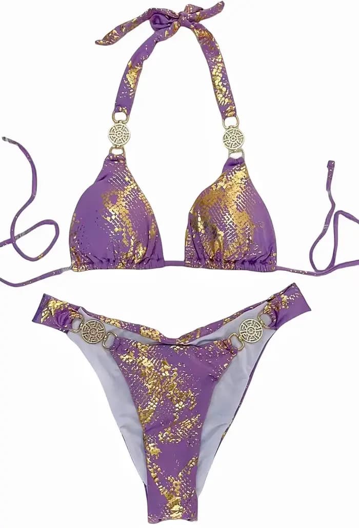Peau de serpent imprimé licou diamant Bikini ensemble 2024 strass femmes maillots de bain licou String femme maillot de bain coupe haute maillot de bain