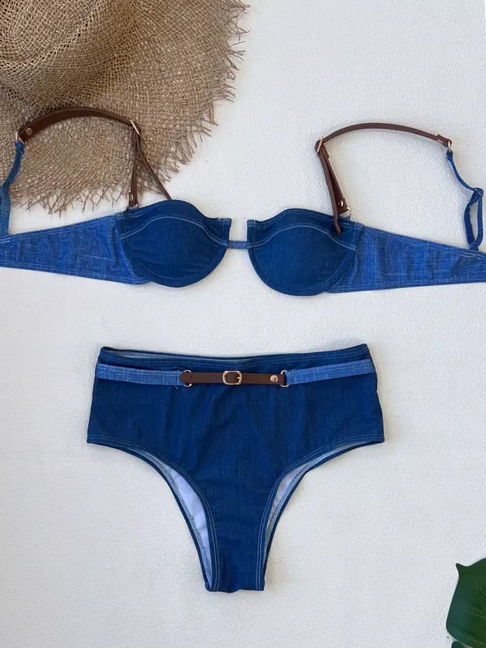 2025 Ensemble bikini en jean style cow-girl avec bretelles en cuir boucles en métal parfait pour les fêtes à la piscine escapades d'été Glamour au bord de la piscine