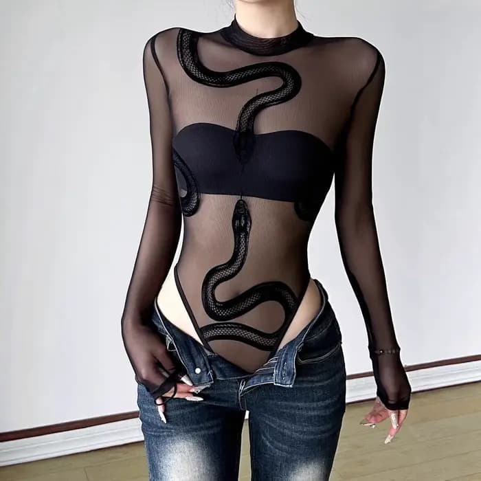 Combinaison une pièce sexy à imprimé serpent, manches longues, col rond, coupe basique, en tissu métallique fin, Été 2025, Small