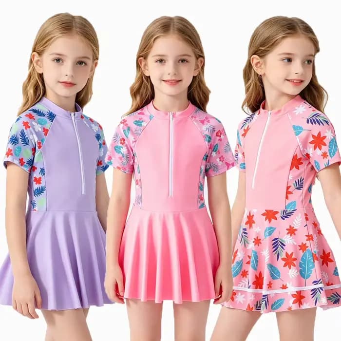 Maillot de bain 2 pièces pour filles, jupe et haut de protection solaire à manches courtes, motif floral, séchage rapide, pour enfants