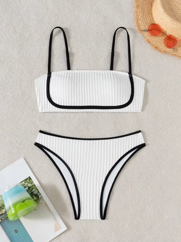 2025 côtelé passepoil Bandeau taille haute bas Bikini ensemble à la mode maillots de bain encolure droite