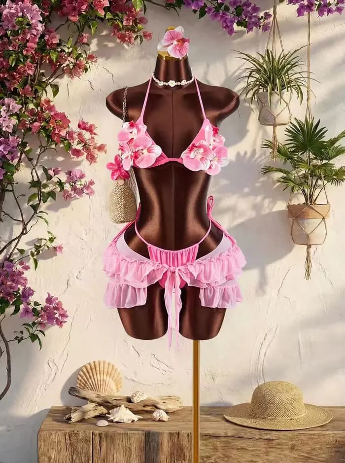 Ensemble de bikinis vintage bleu à fleurs 3D pour femmes, maillot de bain 3 pièces avec jupe en maille à volants, soutien-gorge push-up sexy, tenue de bain de vacances 2026