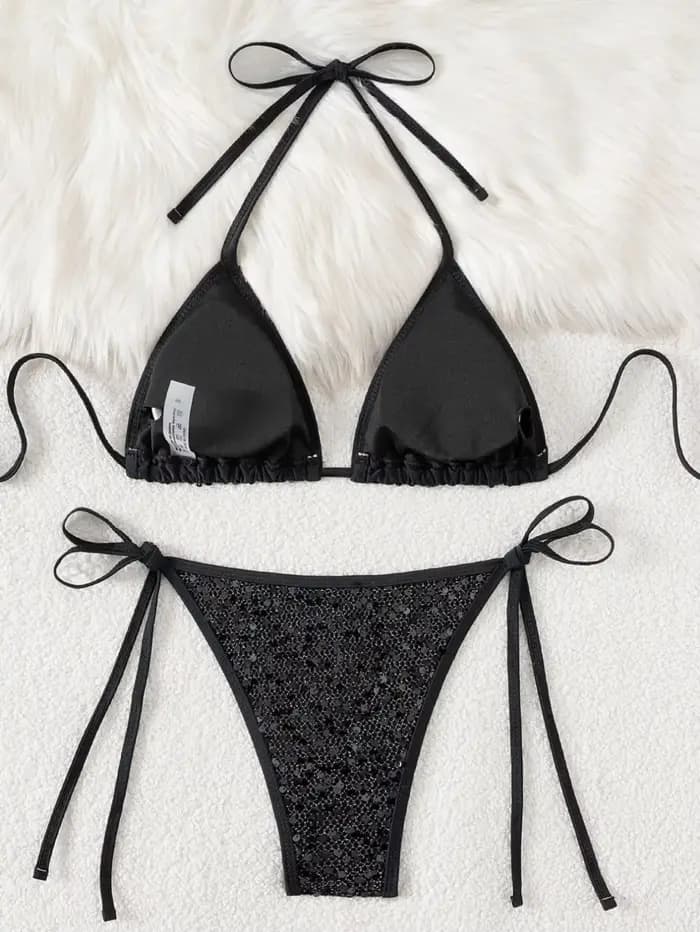 Brillant paillettes noir Bikini ensemble femmes Sexy Push Up soutien-gorge cravate côté Triangle maillot de bain 2025