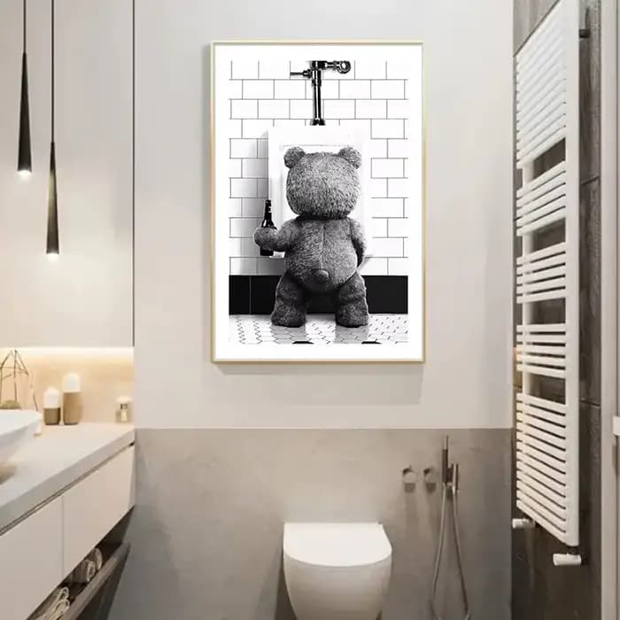 Affiche décorative murale en toile imprimée, motif ours mignon noir et blanc, pour salle de bain, décoration moderne et tendance pour chambre, maison et toilettes