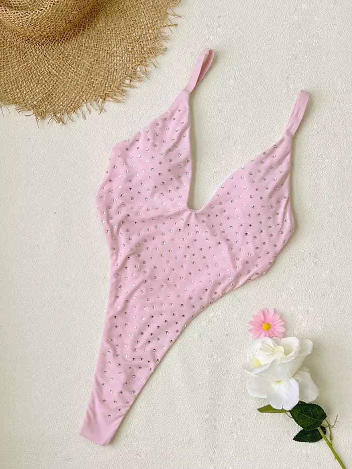 Maillot de bain une pièce sexy rose 2026 avec accent en strass, sans manches, dos nu, monokini, tenue de plage pour femme
