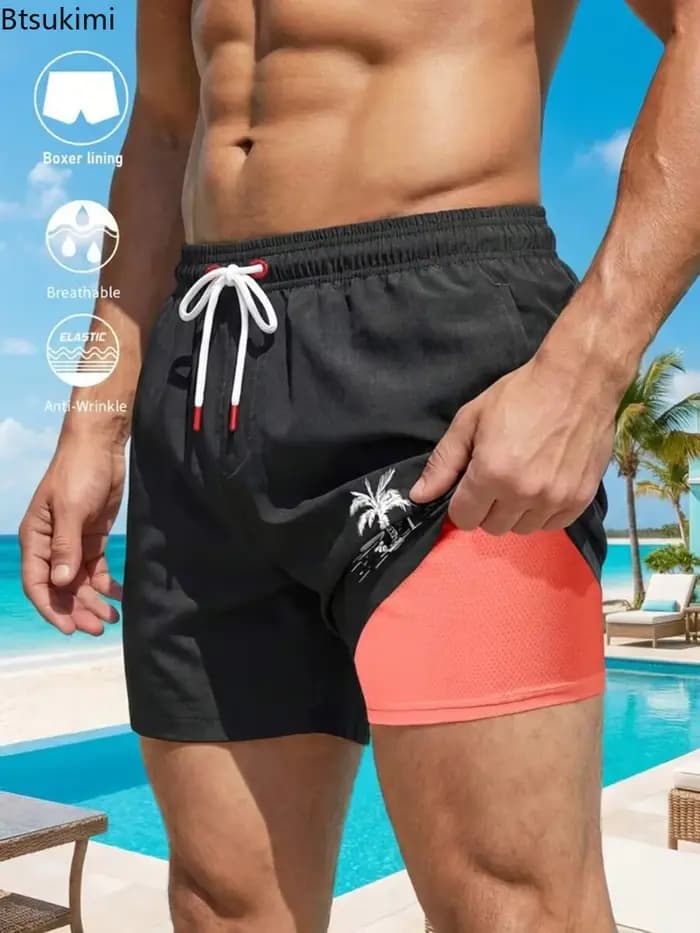 Nouveauté 2026 Shorts de plage décontractés pour hommes, coupe droite ample avec cordon de serrage, imprimés tendance