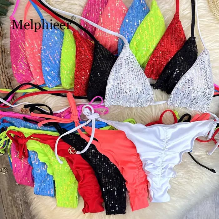 Maillot de bain bikini scintillant à paillettes pour femme, tailles S-L, ensemble deux pièces brésilien, collection 2026