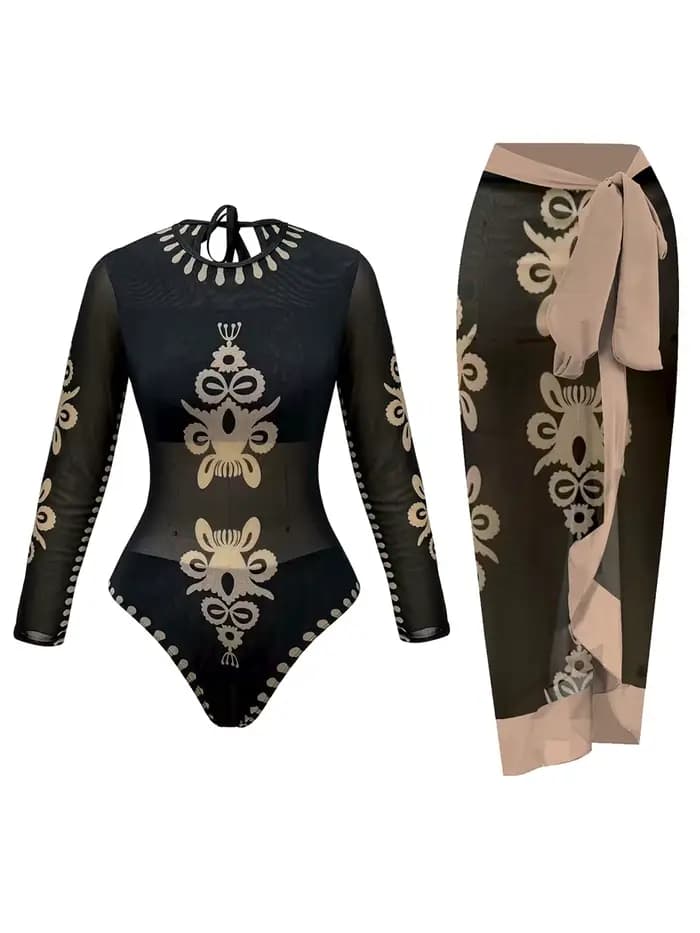 Maillot de bain sexy à manches longues transparent avec protection solaire