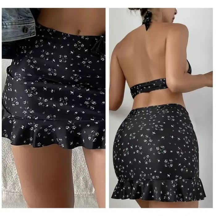 Sexy coupe basse ensemble de Bikini + volants jupe couvrir femmes 3 pièces maillot de bain licou pansement Monokini dos nu maillots de bain maillots de bain